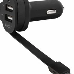 Begroting 🎁 XQISIT Autolader - Met Vaste Micro-USB Kabel En 2 USB Poorten - 1A/2.4A - Zwart 😍