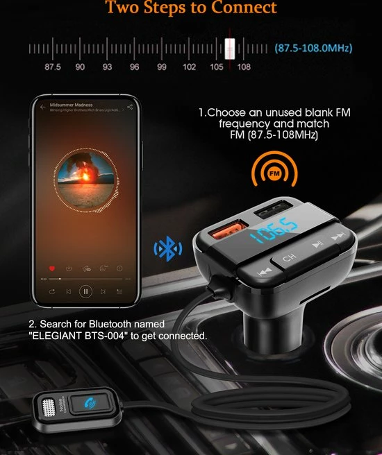 Beste deal ⌛ Merkloos ELEGIANT BTS-004 Bluetooth FM Transmitter - Autolader - Bluetooth Carkit - Bluetooth 5.0 En USB QC 3.0 -zwart ???? 6 Beste deal ⌛ Merkloos ELEGIANT BTS-004 Bluetooth FM Transmitter - Autolader - Bluetooth Carkit - Bluetooth 5.0 En USB QC 3.0 -zwart ???? - Afbeelding 6